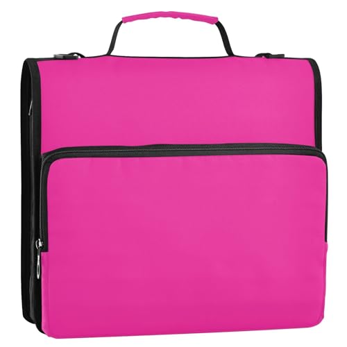 Neon Pink 3 Ring Zipper Binder with Shoulder Strap & Handle 3 Inch D-Ring with Pencil Pouch, Multiple Pocket & Expanding File Folder, Binder Organizer for School Office - color: Neon Pink