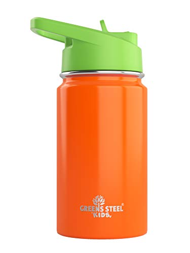 Kids Water Bottle - 12oz Orange | Leak Proof With Straw & Handle | 24 Hours Cold | Insulated, Double Wall Stainless Steel | Easy Sip Toddler Cup | Child's Flask | Eco Friendly - color: Orange