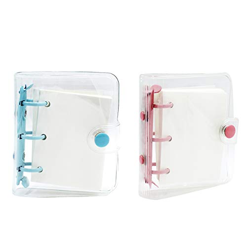2 Pack Mini Transparent 3-Ring Binder Covers Clear Soft PVC Notebook Round Ring Binder Cover Protector Snap Button Closure Loose Leaf Folder with Blank Inner Papers