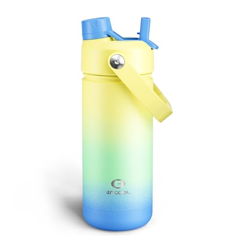 ENCOOL Insulated Water Bottle with Straw Stainless Steel Water Bottle, Leak-Proof, BPA-Free, Double Wall Vacuum Keeps Cold for 24 Hours for Sports, Travel, School (18 oz, Soft Lagoon) - color: Soft Lagoon, size: 18 Ounces