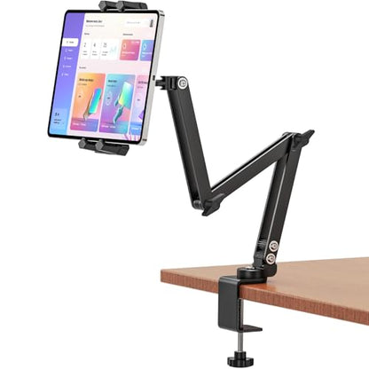 Tablet Stand Holder, iPad Desk Mount with 360°Rotate Base, Adjustable Foldable Sturdy Arm iPad Holder, Metal Clamp for Desktop Table Bed Kitchen, Compatible with 4.7-13.5inch Tablets