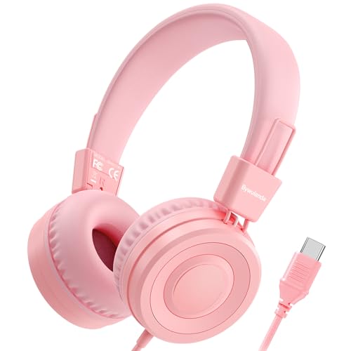 Bywulanda Upgrade USB Type C Kids Headphone for School, 94dB Safe Volume Limited, HD Stereo Sound, Foldable Lightweight On-Ear Headphones for Boys/Girls/Students/Tablet/Travel(Light Pink) - color: Light Pink