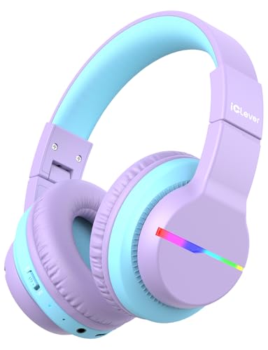 iClever BTH12 Kids Bluetooth Headphones,Colorful LED Lights Kids Headphones Wireless,74/85dBA Safe Volume,85H Playtime,Fast Charging,Bluetooth 5.2,Over Ear,Built-in Mic for iPad/Tablet/Airplane,Purple - color: Purple