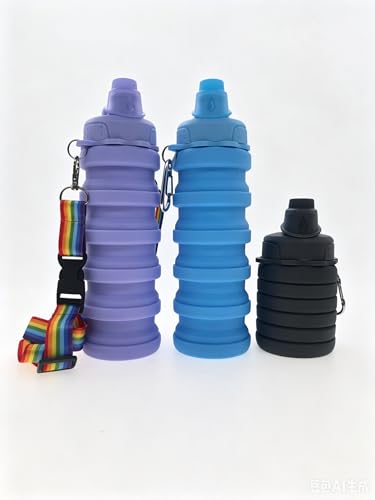 Collapsible Water Bottles Silicone Reusable Leakproof Travel Water Bottle 17.6oz With Mountaineering Buckle And Adjusting Rope For Sports Camping Hiking Cycling Yoga（Dark Grey And Purple And Blue） - color: Blue + Gray + Purple