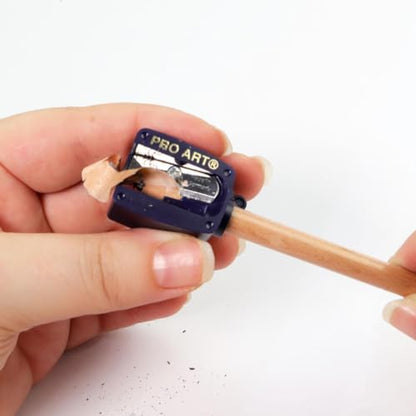 Pro Art Soft Lead Pencil Sharpener – Handheld Sharpener for Charcoal & Graphite, Plastic Body, Hi-Carbon Steel Blade, with Cleaning Stick, .88"x 1.25" Compact Size