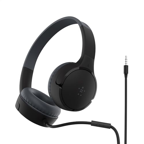 Belkin SoundForm Mini Kids Wired Headphones with Built-in Microphone & Fun Stickers, 85dB Safe Volume Limit – for Online Learning, Travel, Compatible w/iPhone 15, iPad, Galaxy S23, & More - Black - color: Black, style: Wired