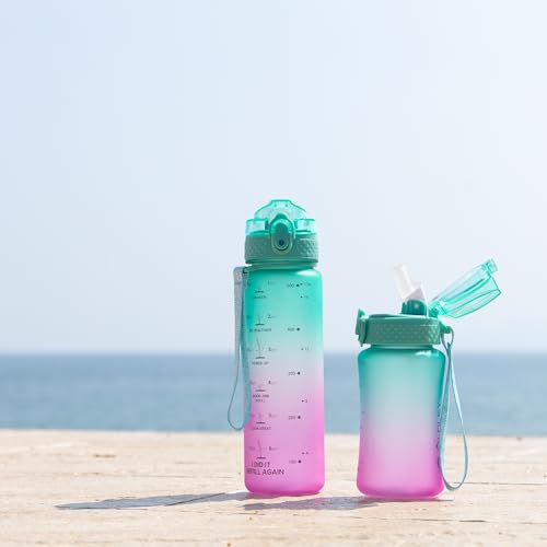 OLDLEY Kids Water Bottle for School, 12 oz (2 lids) BPA-Free Reusable Leak-proof Durable Tritan Plastic Water Bottles with Straw & Chug Lids, Anti-dust Spout Cover (Green Purple) - color: Green Purple, size: 12 Ounces