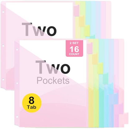 Binder Dividers with Two Pockets, 8 Tabs Binder Dividers for 3 Ring Binder Letter Size, Durable Plastic Binder Divider with Tabs, Insertable Big Tabs, Pastel (2 Sets) - size: 2 sets