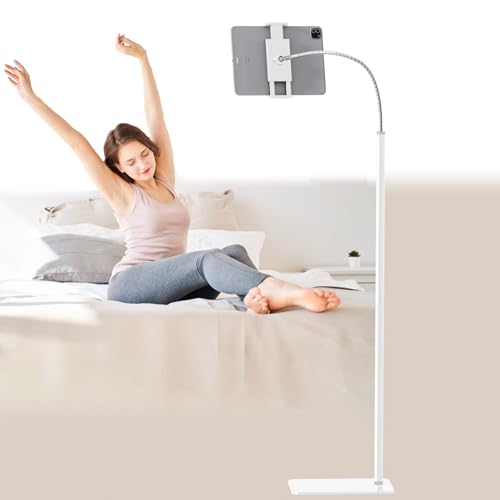 Tablet Floor Stand Holder with Flexible Gooseneck and Stable Base, Compatible with Tablet and Cell Phones (3.5''-9.7''), White - color: WHITE