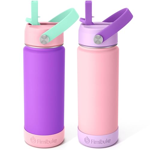 Fimibuke Kids Insulated Water Bottle - 18oz BPA-FREE 18/8 Stainless Steel Kids Cup with Straw Travel Tumbler Leak Proof Double Wall Vacuum Toddler Water Bottle for School Boys Girls（2 Pack, Macaron） - color: B24. Macaron
