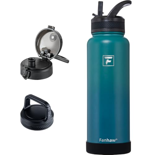 Fanhaw 40 oz Insulated Water Bottle – Stainless Steel Flask with 3 Lids (Straw, Chug, Carabiner) | Durable, Leakproof, for Hiking, Camping, Outdoor Adventures & Travel (Green Blue) - color: Green Blue, size: 40 Ounces