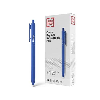 Staples TRU RED Retractable Gel Pens, Medium Point 0.7mm, Blue Ink, 12 Pack - Quick-Dry Pens for Smooth, Smear-Free Writing - color: Blue, size: 12 Pack, style: Medium Point