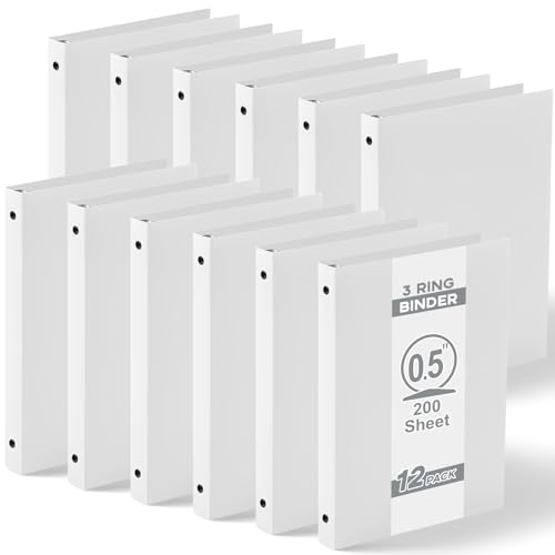 Henoyso 12 Pcs 0.5 Inch Mini 3 Ring Binders Fits 5.5" x 8.5" Paper, Holds(Capacity 140 Sheets), Plastic Flexible Three Round Rings Small White A5 Binders Bulk for School, Office Use, Photo Album - color: White, size: 0.5 Inch