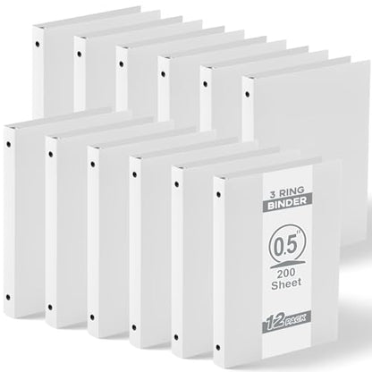 Henoyso 12 Pcs 0.5 Inch Mini 3 Ring Binders Fits 5.5" x 8.5" Paper, Holds(Capacity 140 Sheets), Plastic Flexible Three Round Rings Small White A5 Binders Bulk for School, Office Use, Photo Album - color: White, size: 0.5 Inch