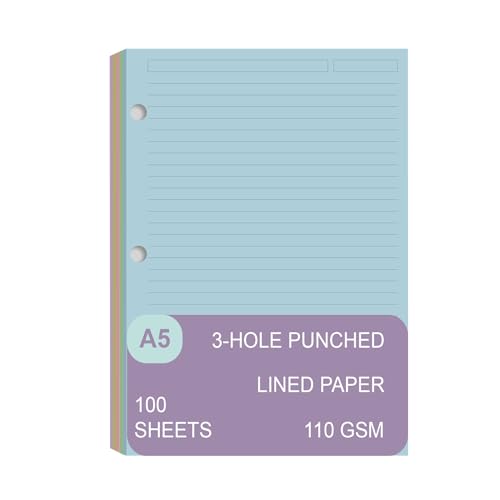 A5 Filler Paper, 3 Hole Colorful Refills Lined Paper for 3 Ring Refillable Binder, 110 Gsm 5-Color Loose Leaf Planner Refill Paper, 100 Sheets/200 Pages, 5.7 x 8.3 Inch - color: Multicolor