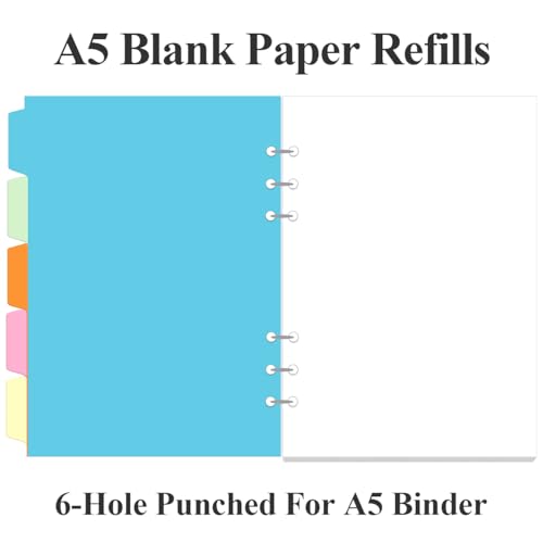 A5 Blank Paper Refill - 6 Hole Planner Inserts for A5 Binder, 200 Pages 6 Ring Loose Leaf Blank Paper with 5 Colorful Binder Dividers, 5.8" x 8.5" - style: 6-Hole Blank