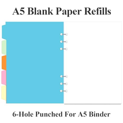 A5 Blank Paper Refill - 6 Hole Planner Inserts for A5 Binder, 200 Pages 6 Ring Loose Leaf Blank Paper with 5 Colorful Binder Dividers, 5.8" x 8.5" - style: 6-Hole Blank