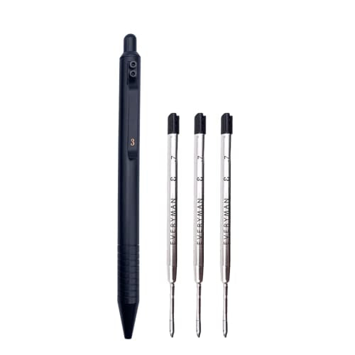 Everyman Black Grafton Gel Ink Pen Bundle | Premium 0.7mm Refillable Metal Pen with Comfortable Grip + 3 Black Refills | Smooth Writing EDC Pen Set for Office, Travel, Gifts & Daily Use - color: Black, style: Pen and Refil Set