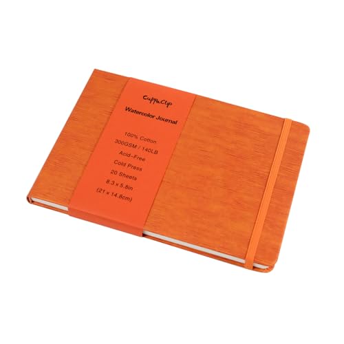 CuppaClip Leather Watercolor Journal, 300gsm/140lb 100% Cotton Cold Press Water ColorPaper, 20 Sheets Acid-Free Watercolor Sketchbook Art Notebook for Painting, Drawing, Travel (Orange, 8.3x5.8in) - color: Orange, size: 8.3x5.8in