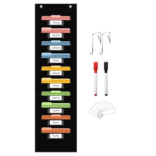 ANCOMEDO 10 Pocket Hanging Wall File Organizer with 10 Nametag Pockets, File Pocket Chart for Classroom and Office. Perfectly Stores Assignments, Files, Scrapbooks, and Documents. - size: 10 Pockets