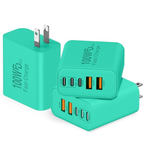 QZIIW USB C Wall Fast Charger Block, 100W 5-Port Type C Fast Charging Block 3 Pack-PD Power Charger Adapter QC 3.0 USB Multiport Charger Brick for iPhone 17 16, Samsung Series MacBook/Air, iPad, etc. - color: Green