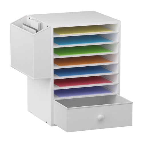 Unionly Wooden 12X12 Scrapbook Paper Organizer,7 Tier Adjustable Desktop File sorter with drawer,Craft&Stamp Cardstock Storage with Side Pocket&Name Slots for classroom,home offce，White - color: White, size: Standard 7 Slots