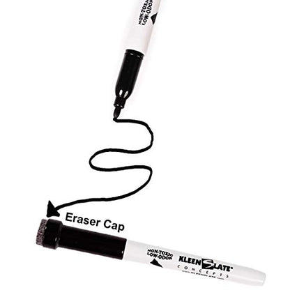 KleenSlate (72) Black Low Odor, Non toxic Dry Erase Marker with Eraser - Bonus 6 Adhesive Clips and 4 Microfiber Cleaning Cloths