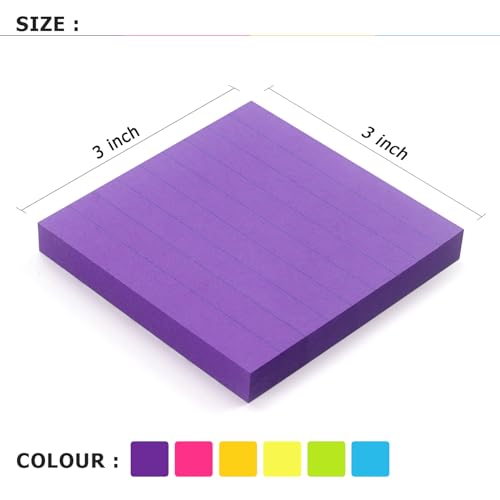 Lined Sticky Notes 3x3 in, 6 Bright Multi Colors,100 Sheet/Pad | Self-Stick & Removable, Office/School/Home Use - color: 3x3 6 Pads