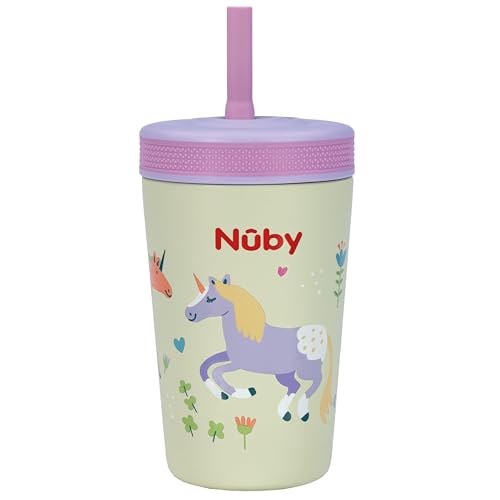 Nuby Thirsty Kids Insulated Toddler Cup with Silicone Flexstraw - 12 oz - Stainless Steel and Leak-Resistant - 18+ Months - Unicorns - color: Unicorns