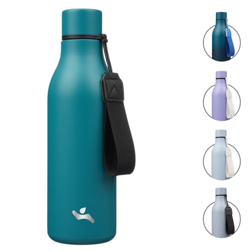 Konokyo 18 oz Insulated Stainless Steel Metal Water Bottle with Strap | BPA-free, leak-proof, dishwasher-safe reusable bottle with strap for gym, school, hiking, outdoor travel & hydration - color: Lake Blue, size: 18 Ounces