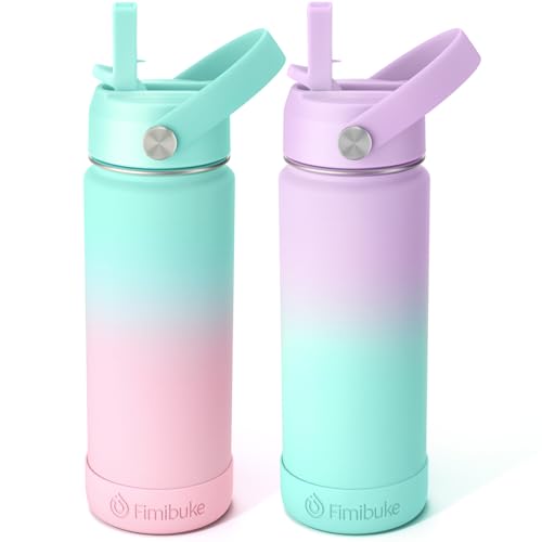 Fimibuke Kids Insulated Water Bottle - 18oz BPA-FREE 18/8 Stainless Steel Kid Cup with Straw Travel Tumbler Leak Proof Double Wall Vacuum Toddler Water Bottle for School Boy Girl（2 Pack, Candy/Bubble） - color: B25. Candy/Bubble