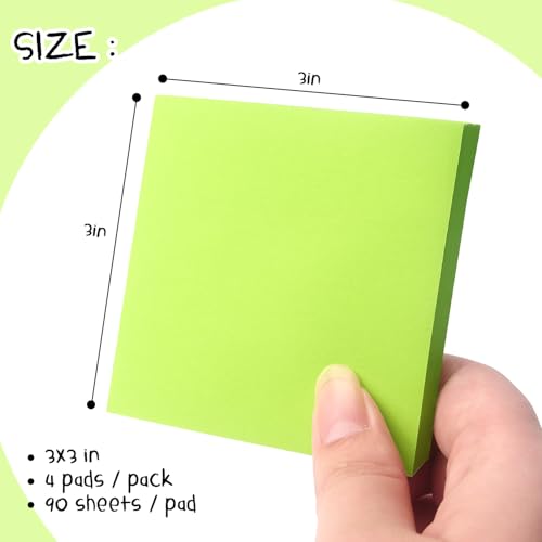 Sticky Notes 3x3 Pop Up Self-Stick Notes Pads with Bright Colors, Easy to Post for Office, School, Home, 4 Pads/Pack, 90 Sheets/Pad (Green) - color: Green