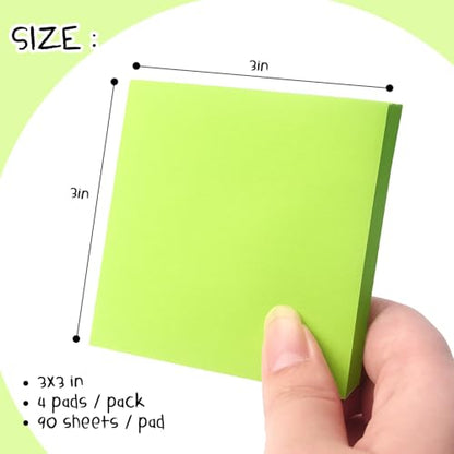 Sticky Notes 3x3 Pop Up Self-Stick Notes Pads with Bright Colors, Easy to Post for Office, School, Home, 4 Pads/Pack, 90 Sheets/Pad (Green) - color: Green