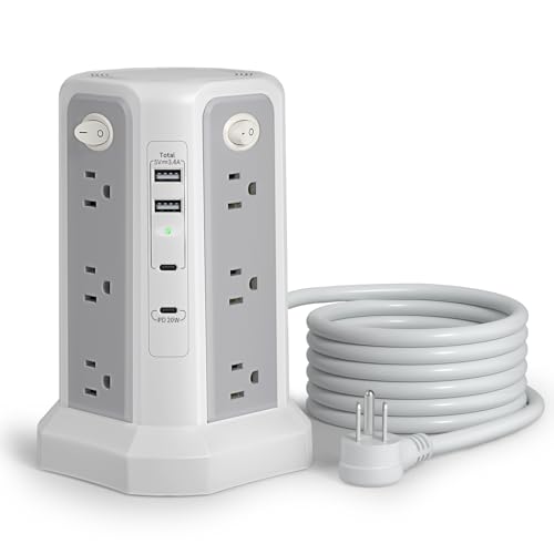 Long Extension Cord 10FT 1625W|13A with Multiple Outlets, Surge Protector Power Strip Tower with 4 USB(2 USB C) Ports, Flat Plug 1800J Overload Protection for Home Office DormRoom Essentials - style: White Gray-13A-2A2C
