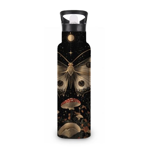 Black Moth 20 oz Insulated Water Bottles Mushroom Moon Stainless Steel Thermal Bottle Leak Resistant with Straw Twist Cap and Handle for Sports Coffee Mug Cup - color: Black Moth,Mushroom Moon