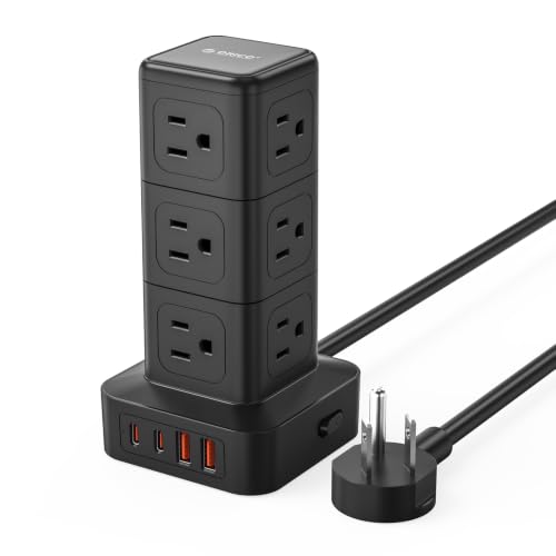 ORICO Tower Power Strip with Surge Protection, Charging Station Tower with 12 AC Outlets 4 USB Ports (2 USB C), Space Saving Design, 5FT Tower Extension Cord for Home, Office, Dorm - TPP20 - color: Black, size: 5FT