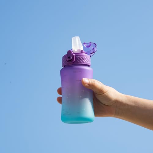 OLDLEY Kids Water Bottle for School, 12 oz (2 lids) BPA-Free Reusable Leak-proof Durable Tritan Plastic Water Bottles with Straw & Chug Lids, Anti-dust Spout Cover (Macaroon) - color: Macaroon, size: 12 Ounces