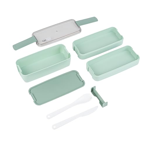 Bento Tek 30 Ounce Bento Box, 1 Stackable 3 Compartment Lunch Container - With Fork And Knife, Does Not Contain BPA, Green Plastic Reusable Lunch Box, Microwavable, Dishwashable - Restaurantware - size: 1 Count, style: 30 oz - Green