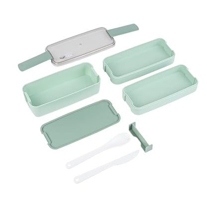 Bento Tek 30 Ounce Bento Box, 1 Stackable 3 Compartment Lunch Container - With Fork And Knife, Does Not Contain BPA, Green Plastic Reusable Lunch Box, Microwavable, Dishwashable - Restaurantware - size: 1 Count, style: 30 oz - Green