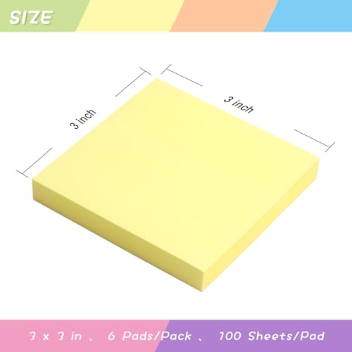 Sticky Notes 3x3 Self-Stick Notes Pads with 6 Bright Colors, Easy to Post for Office, Shool, Home, 6 Pads/Pack, 100 Sheets/Pad (Yellow) - color: Yellow
