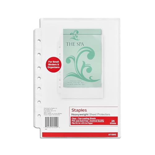 Staples 5-1/2" x 8-1/2" Sheet Protectors – Clear Page Protectors for Binders, 25-Pack - style: 25 Pack