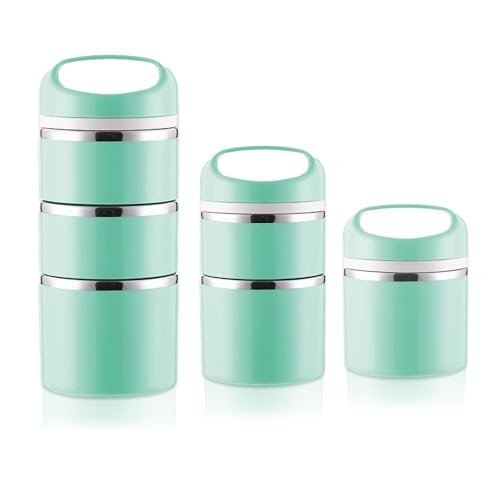 Lille Home Stackable Stainless Steel Thermal Compartment Lunch/Snack Box, 3-Tier Insulated Bento/Food Container with Lunch Bag, Utensils Set and Three Extra Seals, 43OZ (Green with Utensils) - color: Green with Utensils