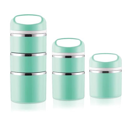 Lille Home Stackable Stainless Steel Thermal Compartment Lunch/Snack Box, 3-Tier Insulated Bento/Food Container with Lunch Bag, Utensils Set and Three Extra Seals, 43OZ (Green with Utensils) - color: Green with Utensils