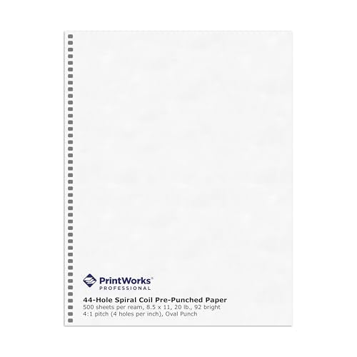 PrintWorks Professional Pre-Punched Spiral Binding Paper - 44-Hole (4:1 Pitch Hole Punch) - Book Binding Printer Paper - Made in the USA - 500 Sheets - 8.5" x 11" - 20 lb - 92 Bright White (04145) - size: 20 lb, style: Spiral, 44-Hole