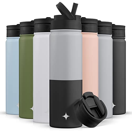 JoyJolt Triple Insulated Water Bottle with Straw Lid AND Flip Lid! 22oz Water Bottle, 12 Hour Hot/Cold Vacuum Insulated Stainless Steel Water Bottle. BPA-Free Leakproof Water Bottles - Thermos Bottle - color: Gray/Black, size: 22 Ounces