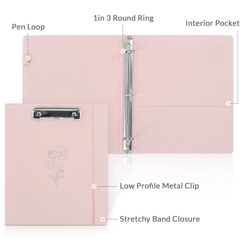 SKYDUE Pink 3 Ring Binder with Clipboard,1 Inch Linen Binder for 3 Hole Punch Letter Size Loose Leaf Paper with 5 Dividers, Pocket and Labels School and Office Supplies - color: Pink