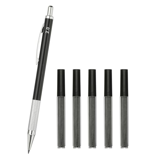 PATIKIL Mechanical Pencil 2.0mm, Lead Pencils Mechanical Holder Automatic Metal Holder with 5Pcs Refills for Drawing Art Sketching Woodworking, Black - color: Black, size: 2.0mm