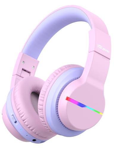 iClever BTH12 Kids Bluetooth Headphones,Colorful LED Lights,74/85dBA Safe Volume,85H Playtime,Bluetooth 5.2,Over Ear Headphones Built-in Mic for iPad/Tablet/Airplane,Blossom Pink - color: A-Pink