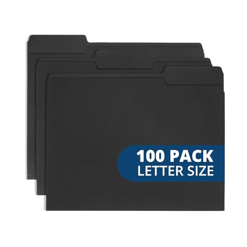 Blue Summit Supplies 100 Black File Folders, Letter Size, 1/3 Cut Tab, 11pt | Durable 11pt black paper, 1/3 cut tabs, holds letter size documents, home and office color coded filing - color: Standard Black