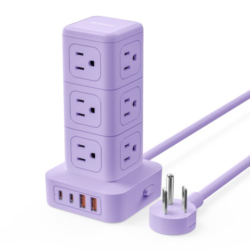 ORICO Power Strip Tower with Multiple Outlets, Tower Extension Cord with 12 AC Outlets 4 USB Ports (2 USB C), Space Saving Design, 5FT Cord Power Tower for Home, Office, Dorm - TPP20 - color: Purple, size: 5FT